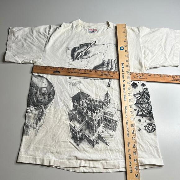 Vintage M.C. Escher Art T Shirt Soft Tee USA Made White Graphic Mens L 1991 90s - Picture 9 of 12